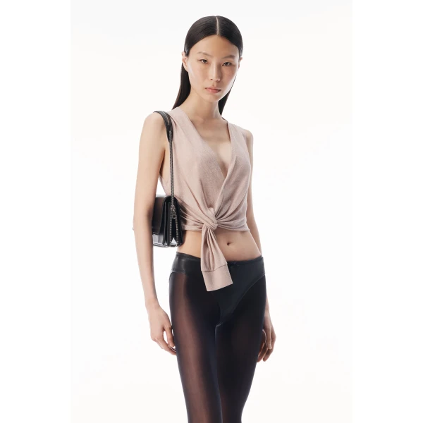 Alexander Wang Crystal Hotfix Deep V-Neck Knotted Tank in Nude | Sleeveless | Luxury Shoes 