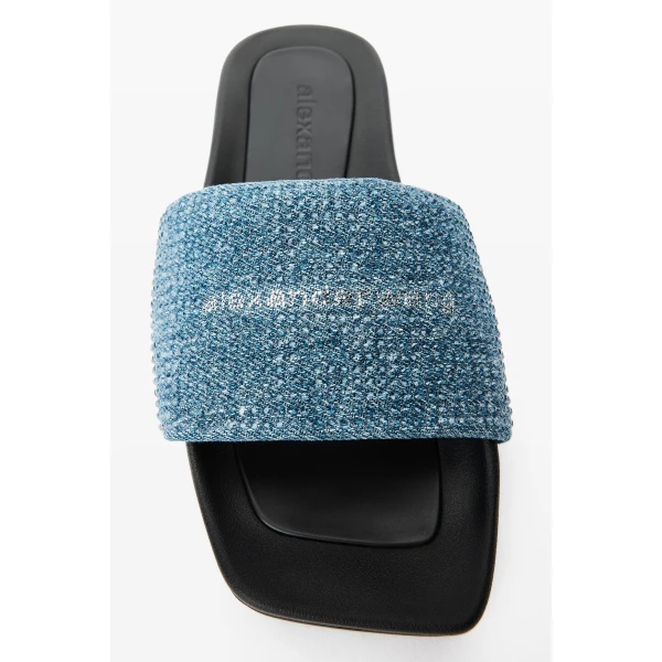 Alexander Wang Crystal Hotfix Denim Pool Slide in Vintage Medium Indigo | Flip Flops & Slides | Luxury Shoes 