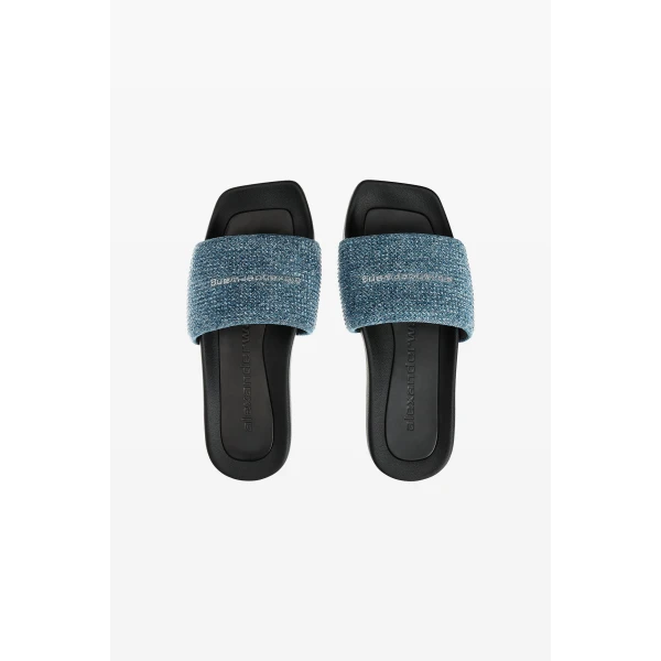 Alexander Wang Crystal Hotfix Denim Pool Slide in Vintage Medium Indigo | Flip Flops & Slides | Luxury Shoes 