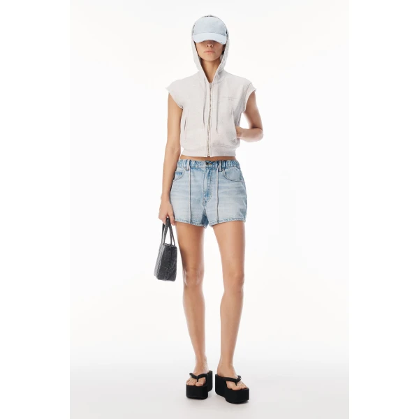 Alexander Wang Crystal Hotfix Drawcord Short in Light Bleach | Denim Shorts | Luxury Shoes 