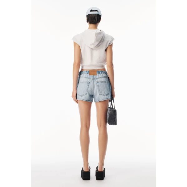 Alexander Wang Crystal Hotfix Drawcord Short in Light Bleach | Denim Shorts | Luxury Shoes 