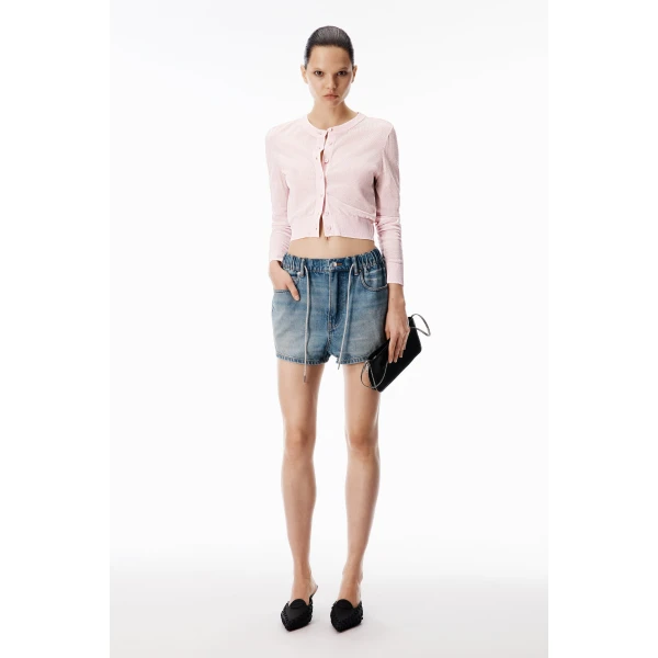 Alexander Wang Crystal Hotfix Drawcord Short in Tinted Medium Indigo | Denim Shorts | Luxury Shoes 