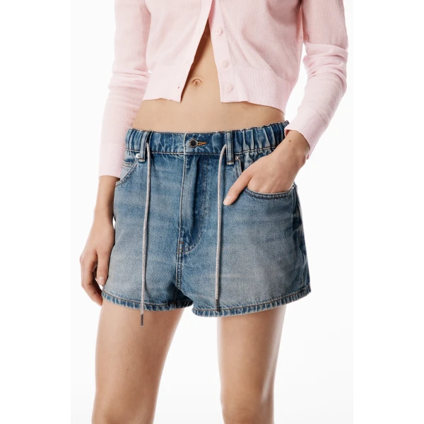 Alexander Wang Crystal Hotfix Drawcord Short in Tinted Medium Indigo | Denim Shorts | Luxury Shoes 