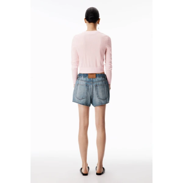 Alexander Wang Crystal Hotfix Drawcord Short in Tinted Medium Indigo | Denim Shorts | Luxury Shoes 