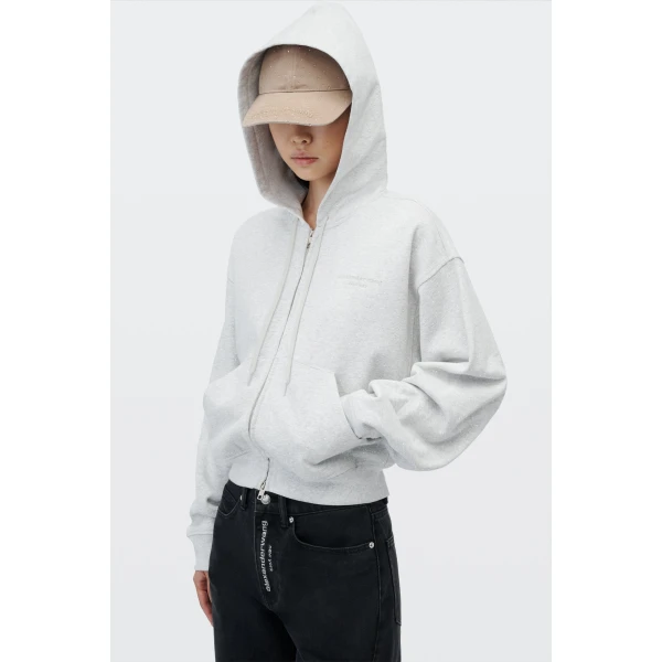Alexander Wang Crystal Hotfix Fitted Zip-Up Hoodie in Light Heather Grey | Hoodies | Luxury Shoes 