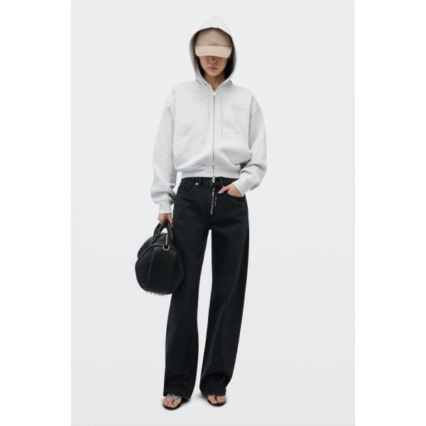 Alexander Wang Crystal Hotfix Fitted Zip-Up Hoodie in Light Heather Grey | Hoodies | Luxury Shoes 