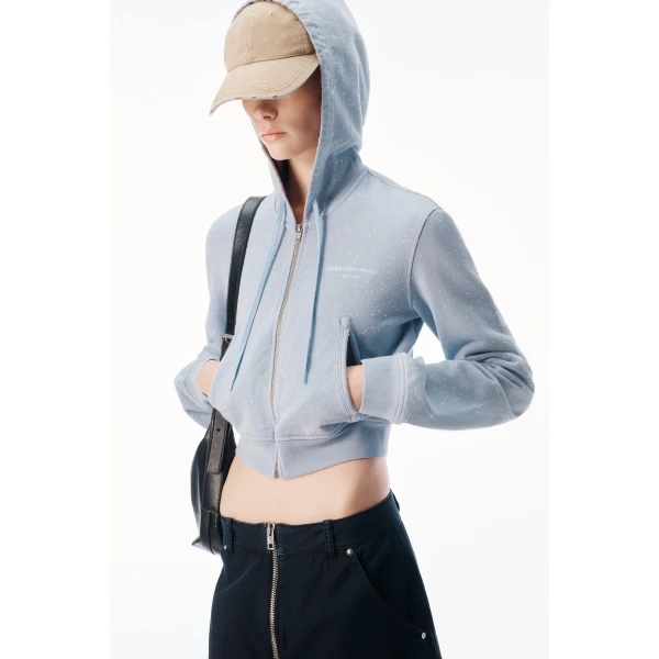 Alexander Wang Crystal Hotfix Fitted Zip-Up Hoodie in Washed Sky | Hoodies | Luxury Shoes 