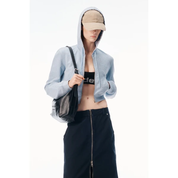 Alexander Wang Crystal Hotfix Fitted Zip-Up Hoodie in Washed Sky | Hoodies | Luxury Shoes 