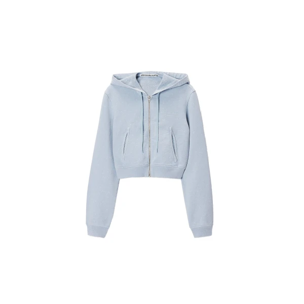 Alexander Wang Crystal Hotfix Fitted Zip-Up Hoodie in Washed Sky | Luxury Shoes 