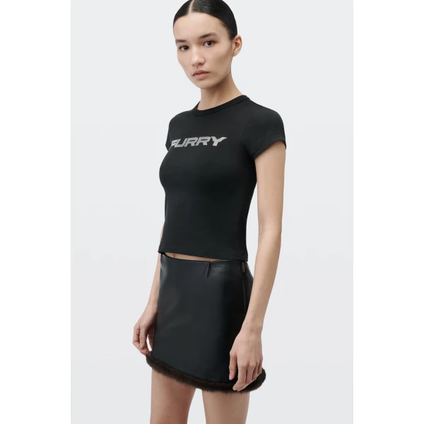Alexander Wang Crystal Hotfix Furry Graphic Fitted Tee in Black | T-shirts | Luxury Shoes 