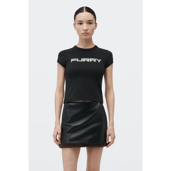 Alexander Wang Crystal Hotfix Furry Graphic Fitted Tee in Black | T-shirts | Luxury Shoes 
