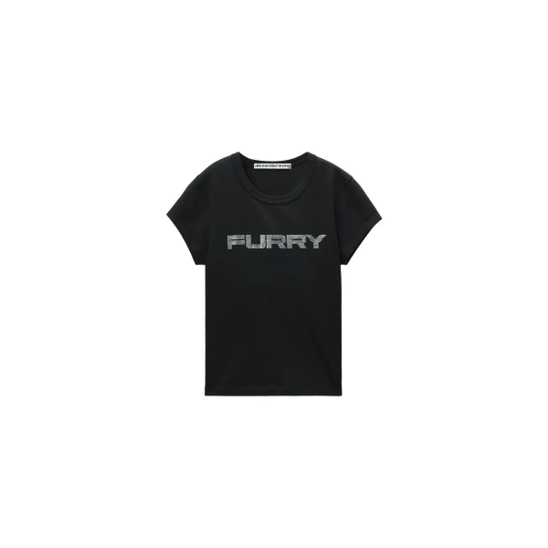 Alexander Wang Crystal Hotfix Furry Graphic Fitted Tee in Black | Luxury Shoes 