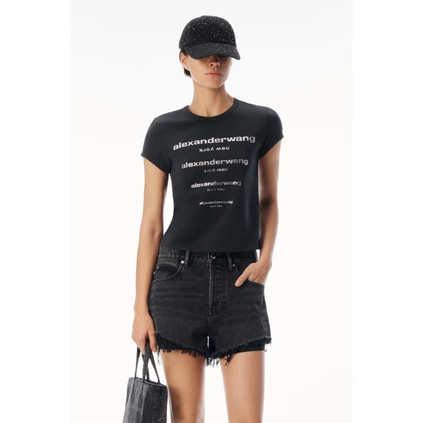 Alexander Wang Crystal Hotfix Gradient Logo Fitted Tee in Washed Black | T-shirts | Luxury Shoes 