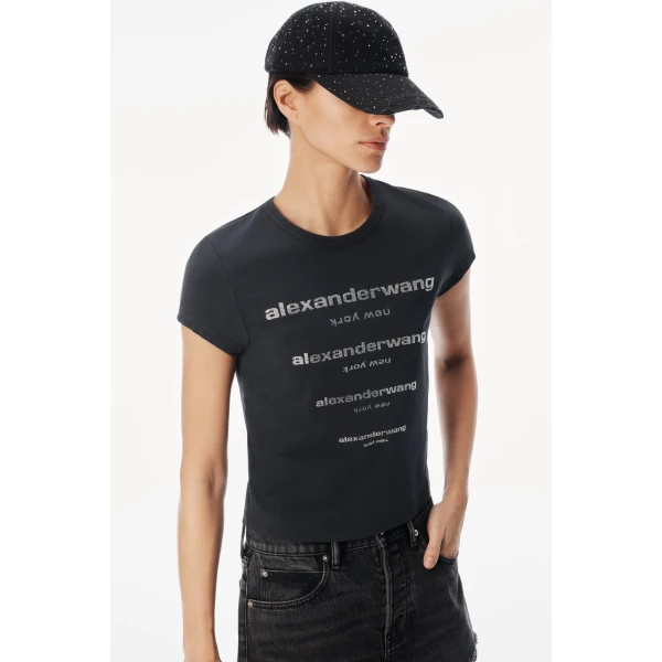 Alexander Wang Crystal Hotfix Gradient Logo Fitted Tee in Washed Black | T-shirts | Luxury Shoes 