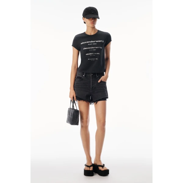 Alexander Wang Crystal Hotfix Gradient Logo Fitted Tee in Washed Black | T-shirts | Luxury Shoes 