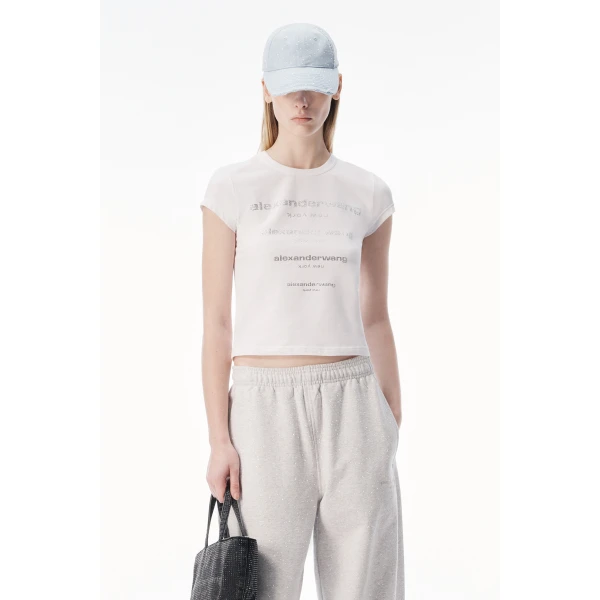 Alexander Wang Crystal Hotfix Gradient Logo Fitted Tee in White | T-shirts | Luxury Shoes 