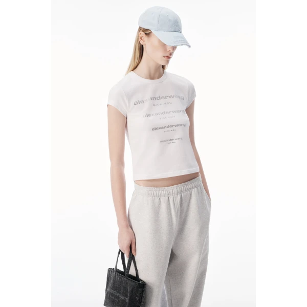 Alexander Wang Crystal Hotfix Gradient Logo Fitted Tee in White | T-shirts | Luxury Shoes 