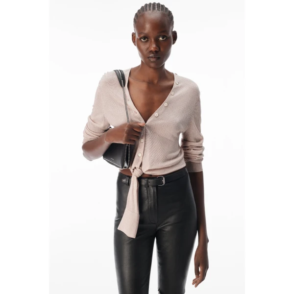 Alexander Wang Crystal Hotfix Knotted Deep V-Neck Cardigan in Nude | Cardigan | Luxury Shoes 