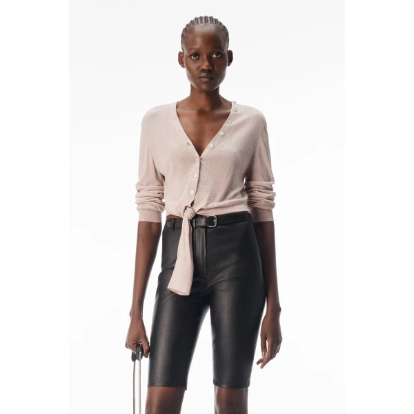 Alexander Wang Crystal Hotfix Knotted Deep V-Neck Cardigan in Nude | Cardigan | Luxury Shoes 