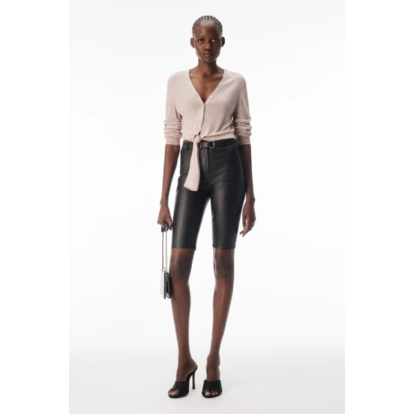 Alexander Wang Crystal Hotfix Knotted Deep V-Neck Cardigan in Nude | Cardigan | Luxury Shoes 