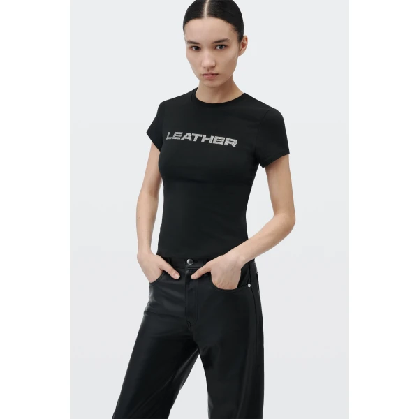 Alexander Wang Crystal Hotfix Leather Graphic Fitted Tee in Black | T-shirts | Luxury Shoes 