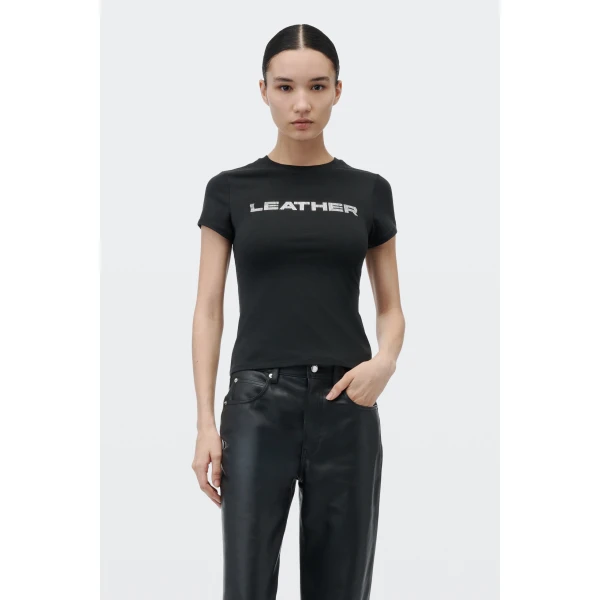 Alexander Wang Crystal Hotfix Leather Graphic Fitted Tee in Black | T-shirts | Luxury Shoes 