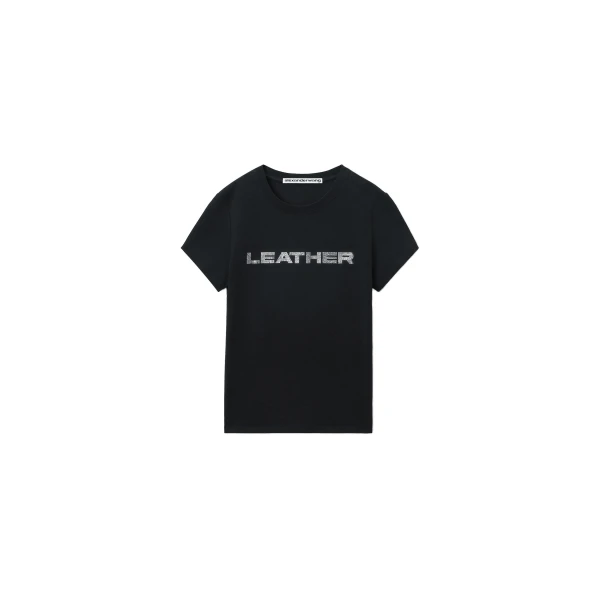 Alexander Wang Crystal Hotfix Leather Graphic Fitted Tee in Black | Luxury Shoes 