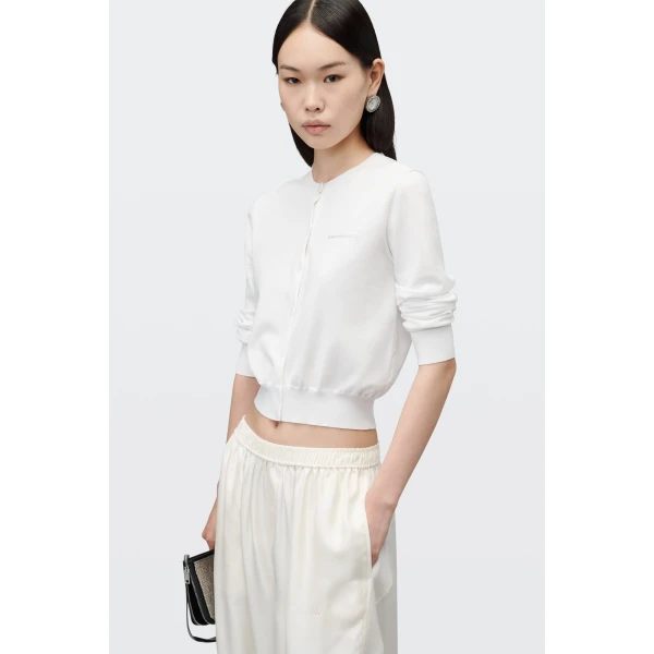 Alexander Wang Crystal Hotfix Logo Cardigan in Soft White | Cardigan | Luxury Shoes 