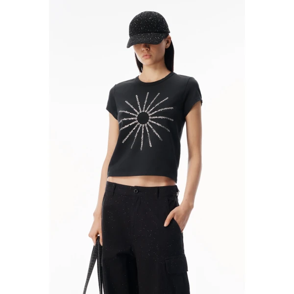 Alexander Wang Crystal Hotfix Pinwheel Fitted Tee in Washed Black | T-shirts | Luxury Shoes 