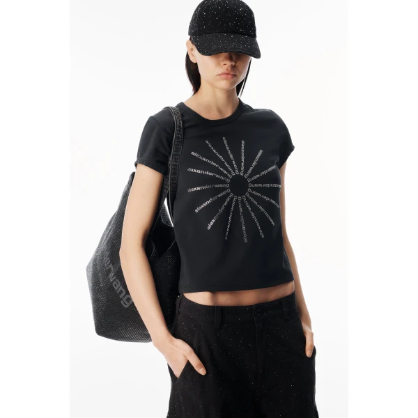 Alexander Wang Crystal Hotfix Pinwheel Fitted Tee in Washed Black | T-shirts | Luxury Shoes 