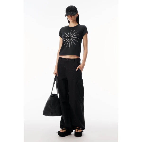 Alexander Wang Crystal Hotfix Pinwheel Fitted Tee in Washed Black | T-shirts | Luxury Shoes 
