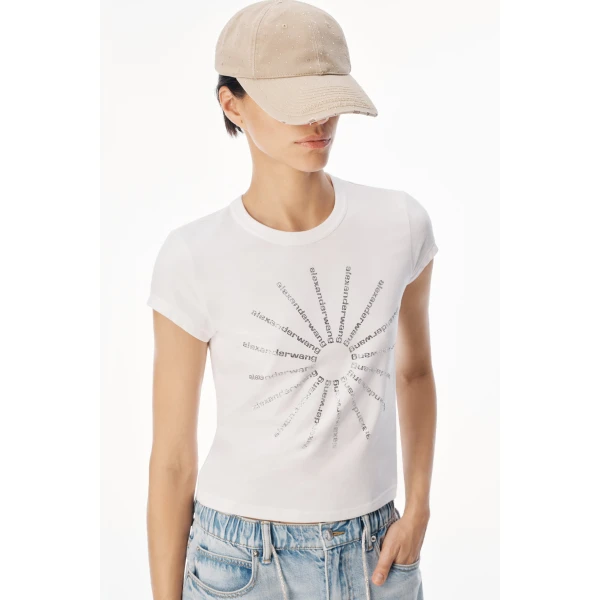 Alexander Wang Crystal Hotfix Pinwheel Fitted Tee in White | T-shirts | Luxury Shoes 