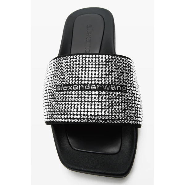 Alexander Wang Crystal Hotfix Pool Slide in Black and Silver | Flip Flops & Slides | Luxury Shoes 
