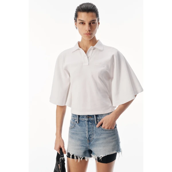 Alexander Wang Draped Sleeve Fitted Polo in Vintage White | Short Sleeved | Luxury Shoes 