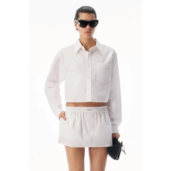 Alexander Wang Embroidered Logo Cropped Shirt in White | Shirts | Luxury Shoes 