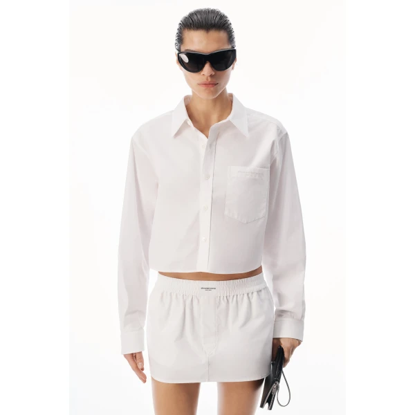 Alexander Wang Embroidered Logo Cropped Shirt in White | Shirts | Luxury Shoes 