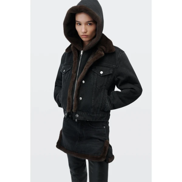 Alexander Wang Faux Fur Lined Denim Jacket in Faded Black | Jackets | Luxury Shoes 