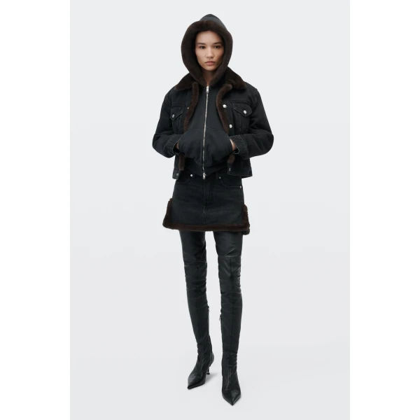 Alexander Wang Faux Fur Lined Denim Jacket in Faded Black | Jackets | Luxury Shoes 