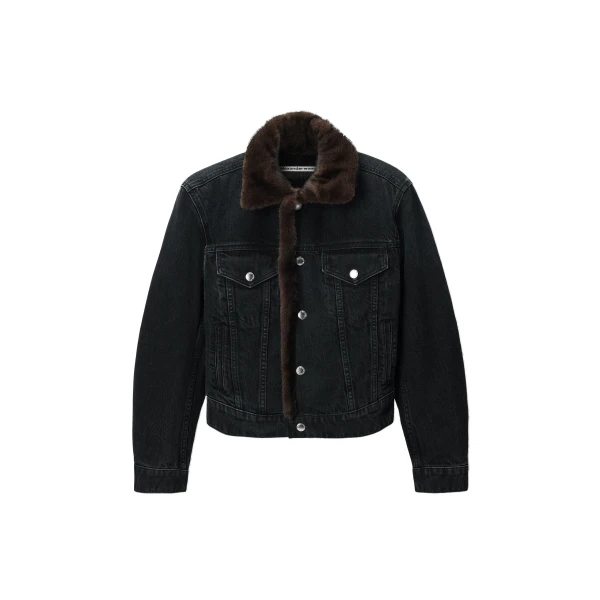 Faux Fur Lined Denim Jacket in Faded Black