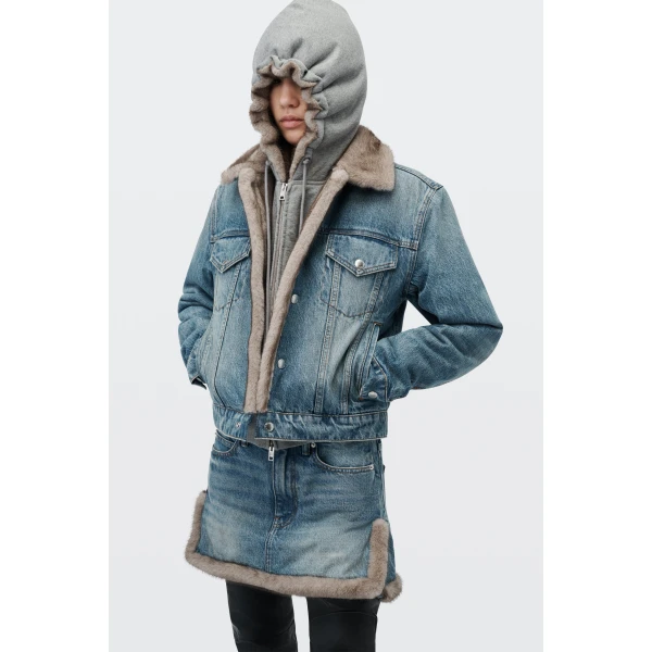 Alexander Wang Faux Fur Lined Denim Jacket in Tinted Medium Indigo | Jackets | Luxury Shoes 
