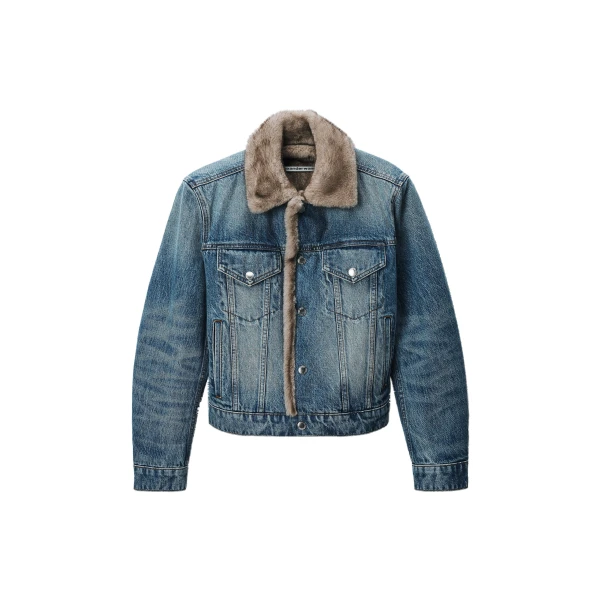 Alexander Wang Faux Fur Lined Denim Jacket in Tinted Medium Indigo | Luxury Shoes 