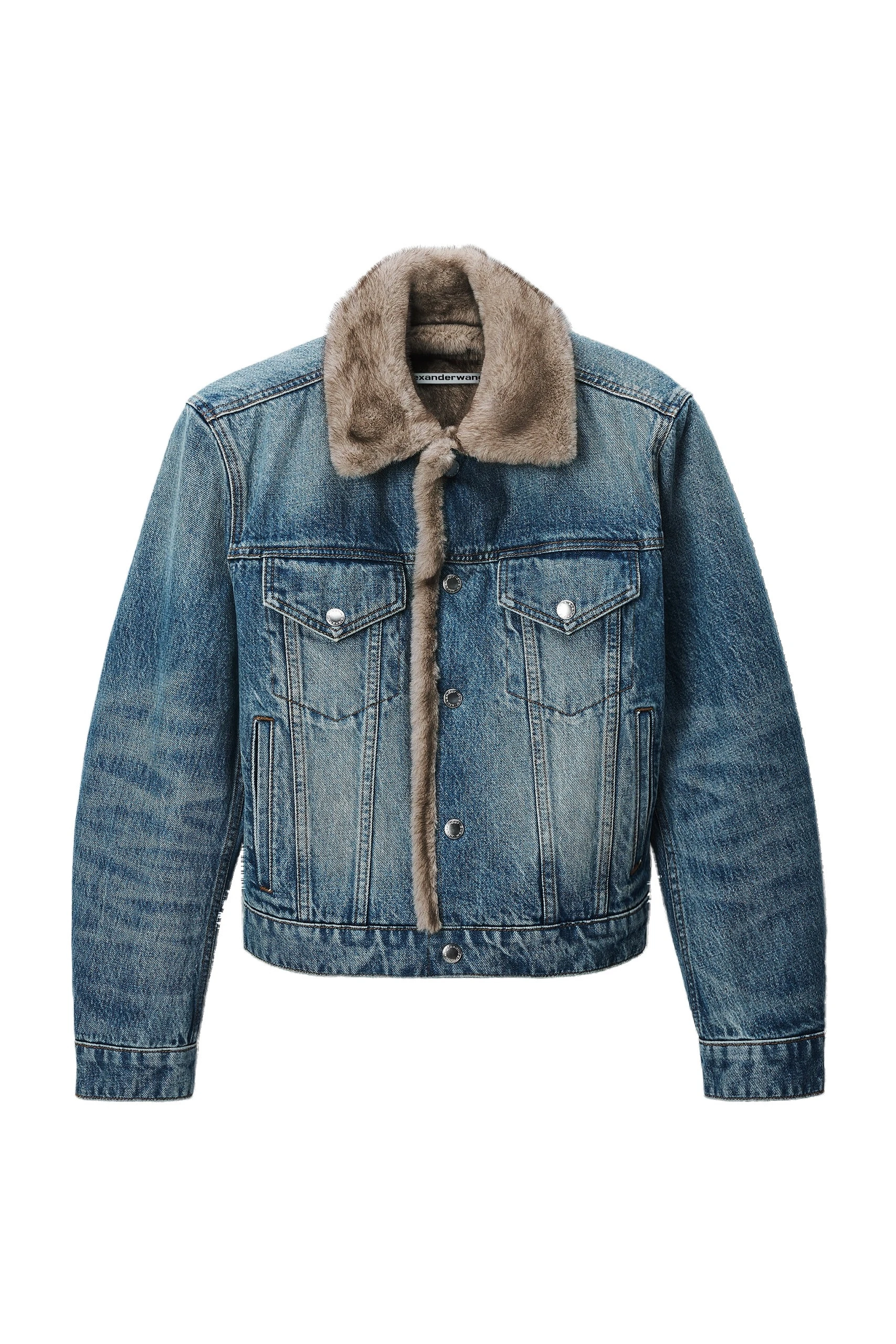 Alexander Wang Faux Fur Lined Denim Jacket in Tinted Medium Indigo Alexander Wang Faux Fur Lined Denim Jacket in Tinted Medium Indigo | Luxury Shoes