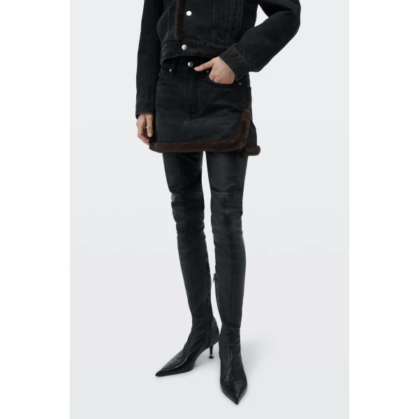 Alexander Wang Faux Fur Trim Denim Skirt in Faded Black | Denim Skirts | Luxury Shoes 