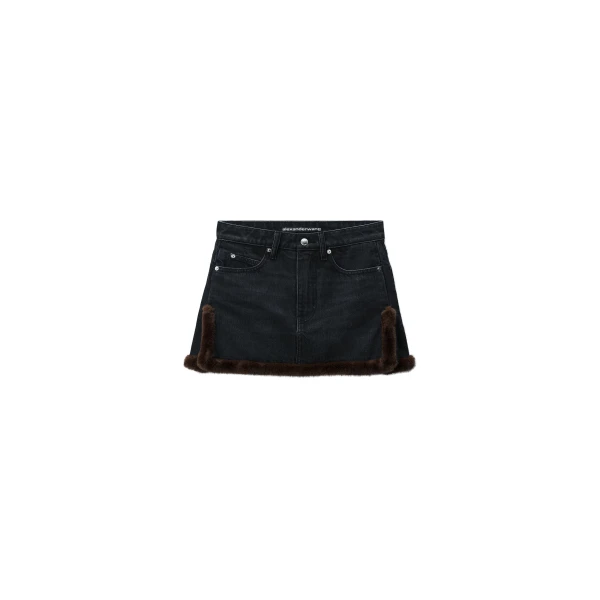 Faux Fur Trim Denim Skirt in Faded Black