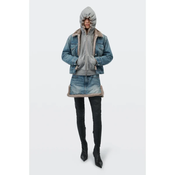 Alexander Wang Faux Fur Trim Denim Skirt in Tinted Medium Indigo | Denim Skirts | Luxury Shoes 