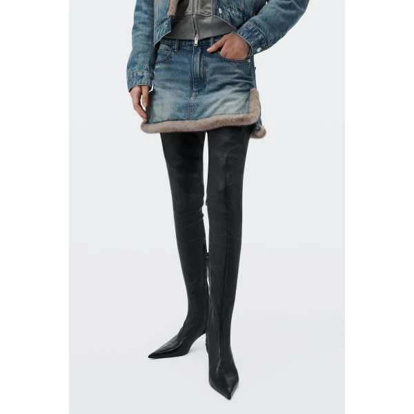 Alexander Wang Faux Fur Trim Denim Skirt in Tinted Medium Indigo | Denim Skirts | Luxury Shoes 