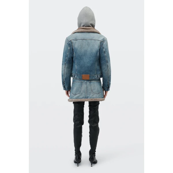Alexander Wang Faux Fur Trim Denim Skirt in Tinted Medium Indigo | Denim Skirts | Luxury Shoes 