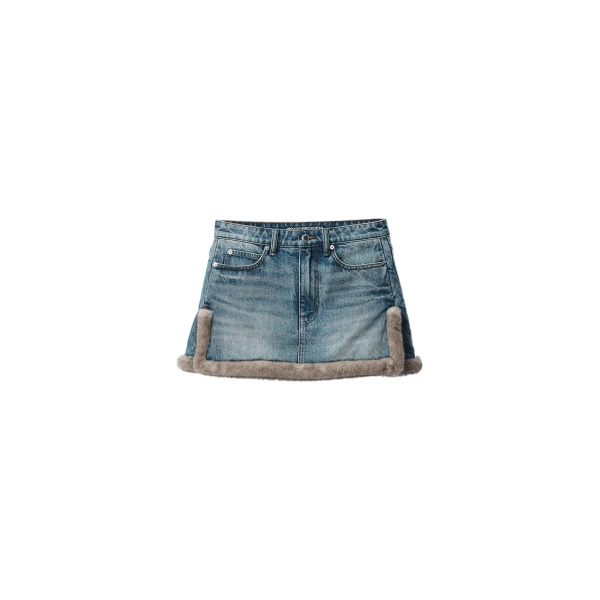 Faux Fur Trim Denim Skirt in Tinted Medium Indigo