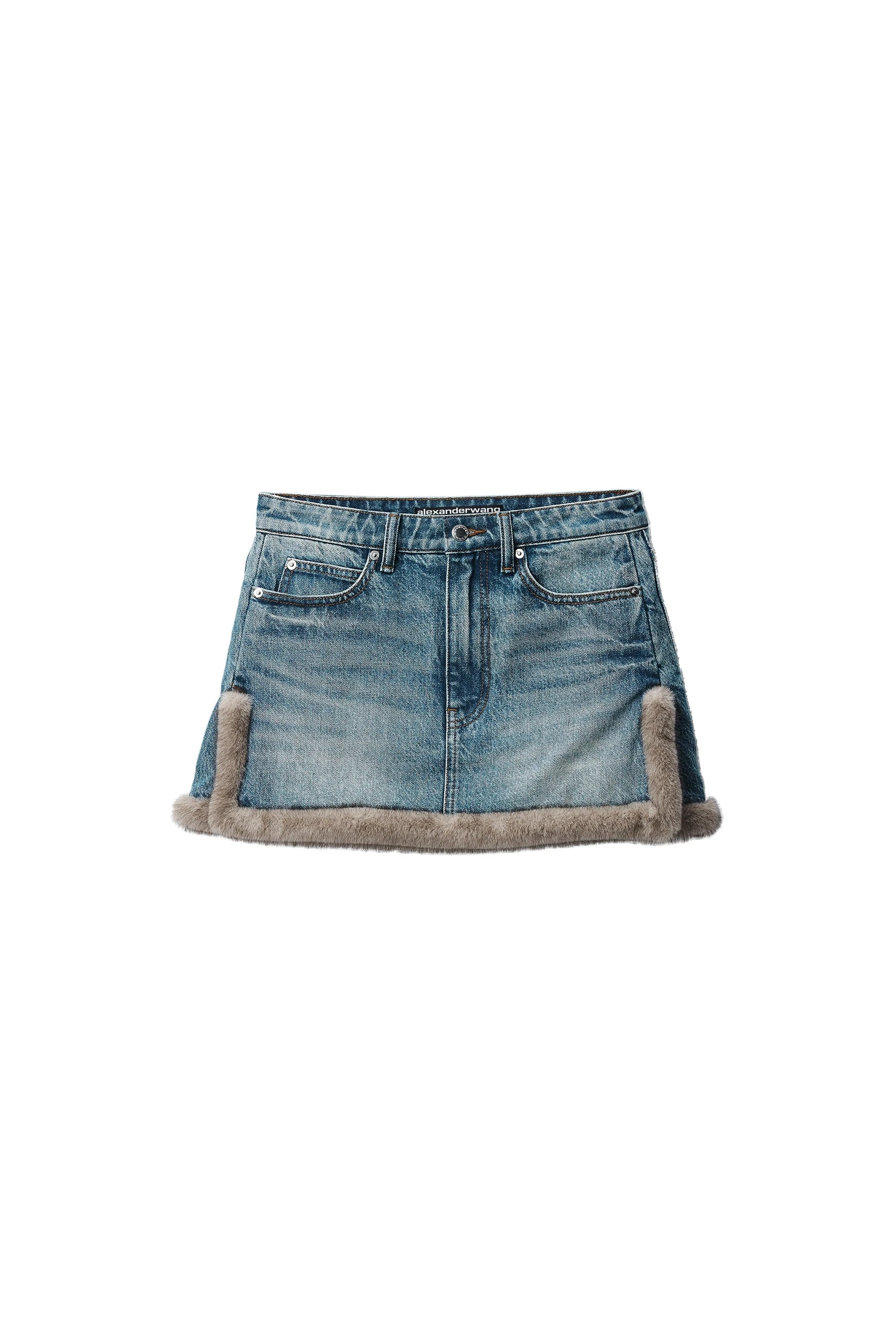 Alexander Wang Faux Fur Trim Denim Skirt in Tinted Medium Indigo Alexander Wang Faux Fur Trim Denim Skirt in Tinted Medium Indigo | Luxury Shoes