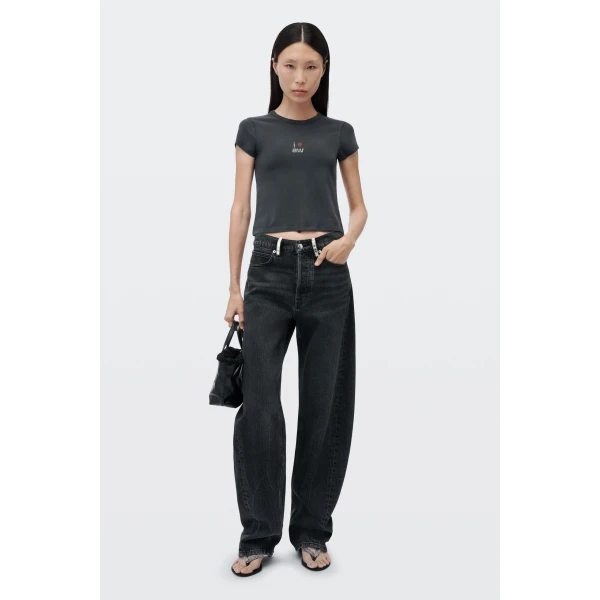 Alexander Wang Float Mid-Rise Relaxed Crystal Hotfix Belt Loop Jean in Grey Aged | Denim | Luxury Shoes 